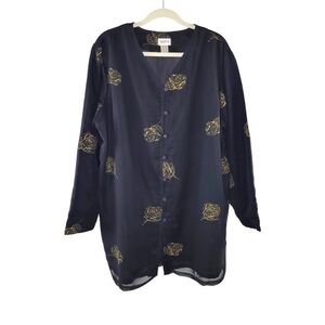 Women's Layered Lightweight Chiffon Button-Up Tunic Top 2X Black & Gold Floral